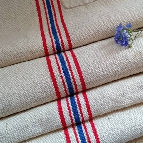 Grain sack fabric, Blue Red Grainsack Pillow Sham, Farmhouse Cotton Hemp Cushion Cover, Sack with patches (GS158)