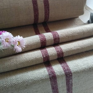 4.3yd burgundy red heavy stair runner fabric, Farmhouse Grain sack Table Runner, French Ticking fabric (GR059a)