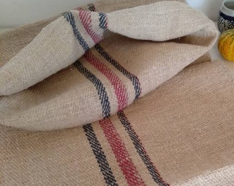Antique Green Indian red Stripe Organic Natural Hemp Hungarian Handwoven Feed sack Grain sack Pillow Sham Case Upholstery Fabric (GS065)