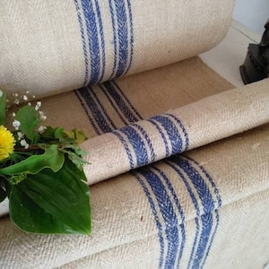 Heavy Stair Runner fabric, Blue Stripe Heavy Hemp Runner, European Grain sack Upholstery Fabric, Farmhouse table decor (GR026b)