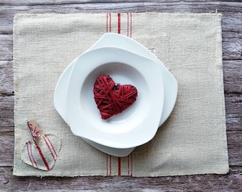 Red grain sack placemat set, primitive valentines plate mat table decor