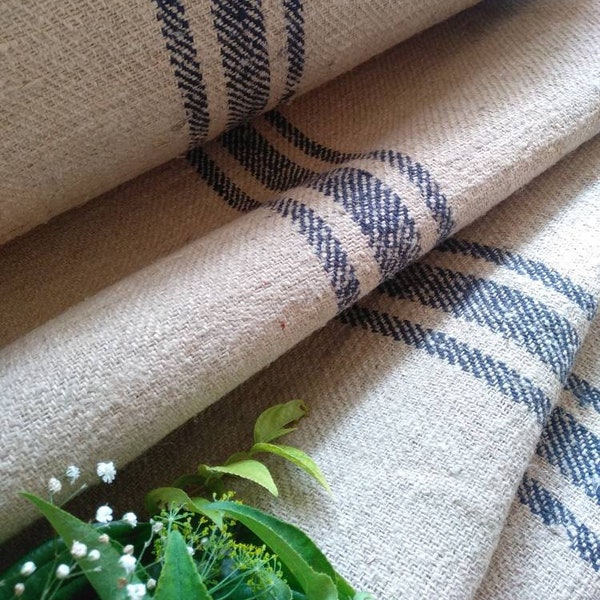 2.7y Grain sack Fabric for Upholstery, Heavy Hemp Stair Runner, Natural Kitchen Table Runner, Primitive Decor Fabric (GR003)