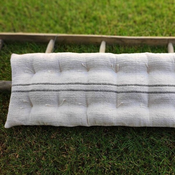 Farmhouse Bench Cushion, Rustic Gray Grain Sack French Tufted Pillow, Natural Repurposed Primitive Decor for Window seat