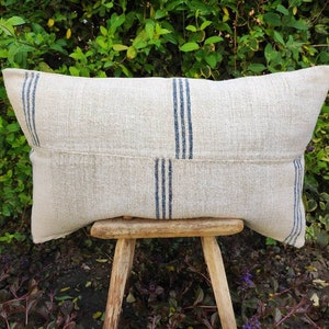 Antique feedsack pillow cover, indigo bench cushion case, ticking fabric pillow sham (GP030b)