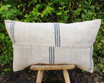 Antique feedsack pillow cover, indigo bench cushion case, ticking fabric pillow sham (GP030b)