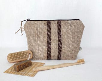 Brown Grain Sack Cosmetic Bag: Natural Feedsack Toiletry Bag Medium Size