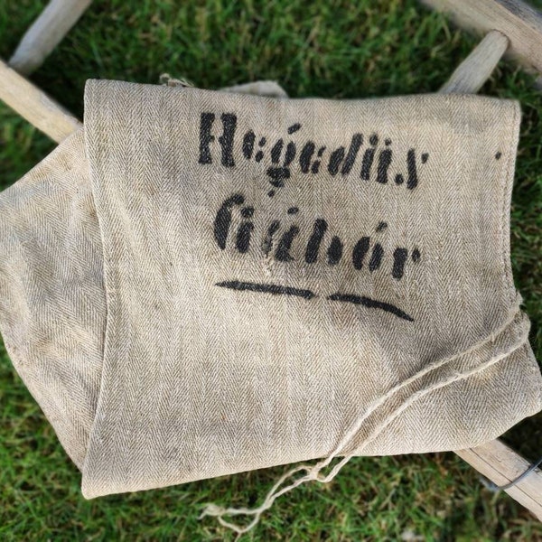 Antique Hungarian Patched  Grain Sack, Old German type European Stenciled Feedsack, Natural Farmhouse Pillow Cover