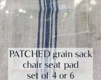 Patched BLUE grain sack chair seat pad set, square feedsack linen wicker chair cushion made to order