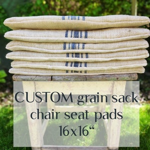 Custom grain sack chair seat pad, square linen wicker chair cushion Made to order