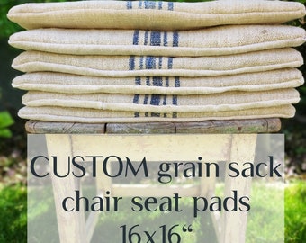 Custom grain sack chair seat pad, square linen wicker chair cushion Made to order