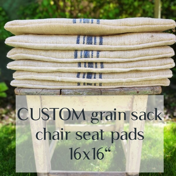 Custom grain sack chair seat pad, square linen wicker chair cushion Made to order