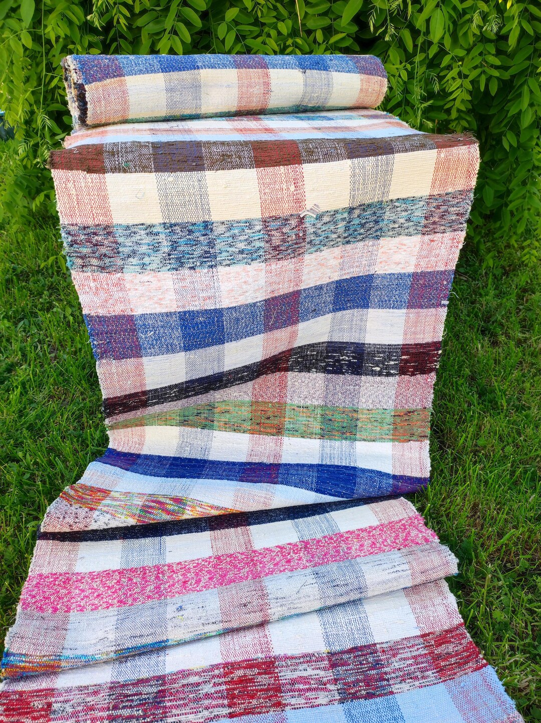 Vintage Hungarian Handloomed Rag Rug: European Farmhouse Checked Cotton ...