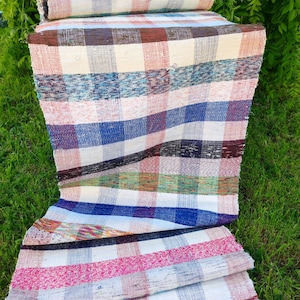 Hungarian rag rug, vintage european handloomed floor runner, farmhouse checked cotton stair runner, plaid patio kitchen hall carpet  (RR010)