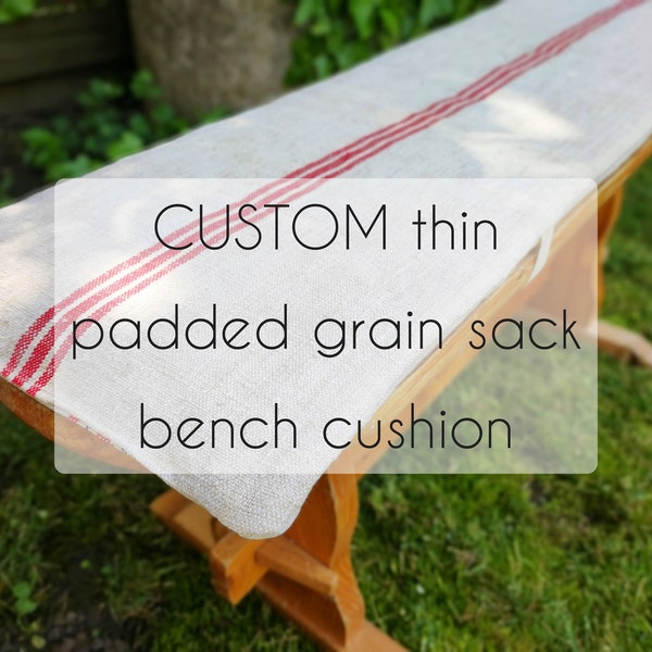 Custom padded grain sack bench cushion, simple feedsack picnic table seat pad, primitive bench pad made to order