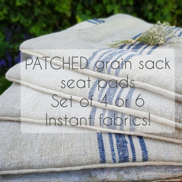 Patched BLUE grain sack chair seat pad set, square feedsack linen wicker chair cushion made to order
