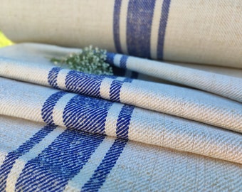 BLUE stripe grain sack fabric, antique feedsack upholstery fabric bolt (A022)