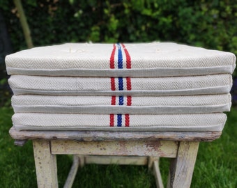 Red blue stripe grain sack chair foam seat pad set of 4, natural feedsack French tufted dining chair cushion