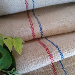 Red Blue Antique hemp Stair Runner Fabric bolt by the meter, European Herringbone Zero Waste Farmhouse decorative linen (GR016)