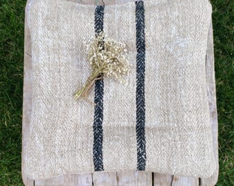 Black grain sack padded chair seat cushion, 14&quot; square linen wicker chair cushion, 1&quot; high feedsack chair pillow -  price per 1 piece