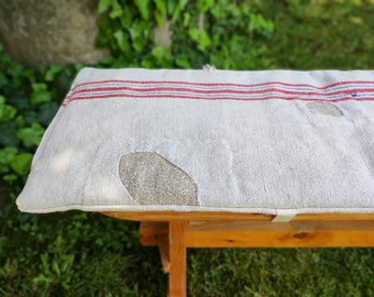 Patched red blue grain sack bench cushion, small picnic table seat pad, primitive bench pad