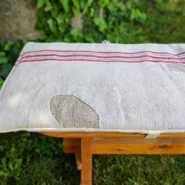 Patched red blue grain sack bench cushion, small picnic table seat pad, primitive bench pad