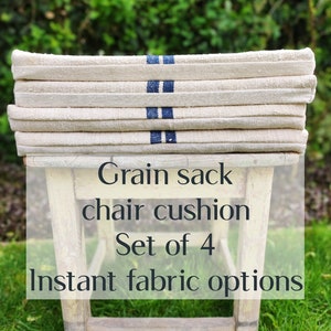 BLUE feedsack foam chair cushion, grain sack chair seat pad, natural foam cushion made to order Blue2 image 1