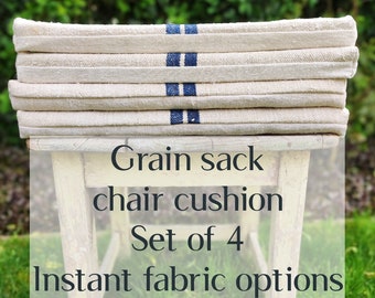 Custom GREEN feedsack foam chair cushion set of 4, grain sack chair seat pad set, natural foam cushion made to order