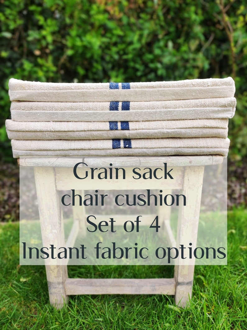 BLUE feedsack foam chair cushion, grain sack chair seat pad, natural foam cushion made to order Blue2 image 1