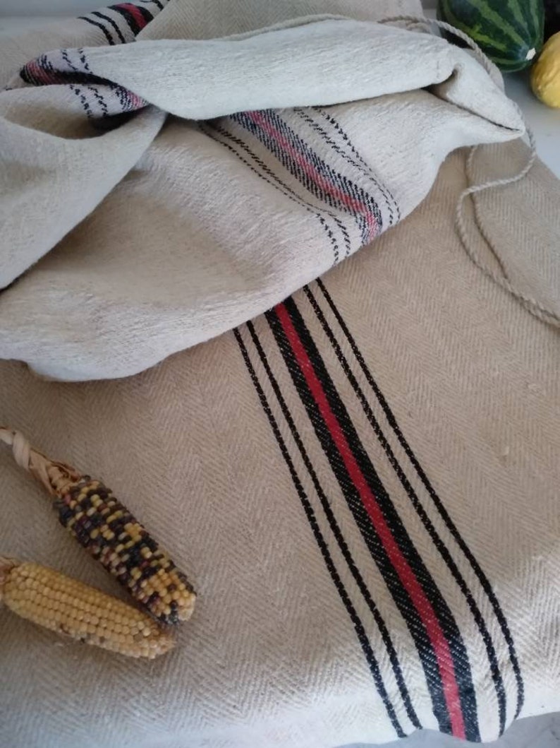 Feedsack Lumbar Pillow Heavy Upholstery Fabric GS104 Blue Indian Red Ticking fabric Grain sack Fabric Sack Striped Farmhouse Linen