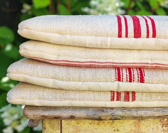 Red grain sack padded chair seat cushion, feedsack head or travel pillow, children&#39;s chair cushion, natural beach pillow, thin stool cushion