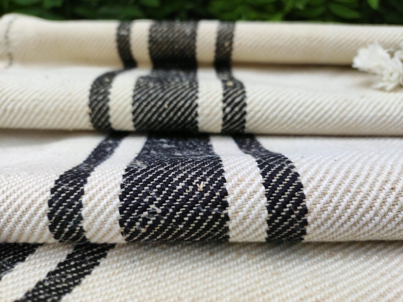 Black stripe grain sack, antique European feedsack fabric A007 image 2