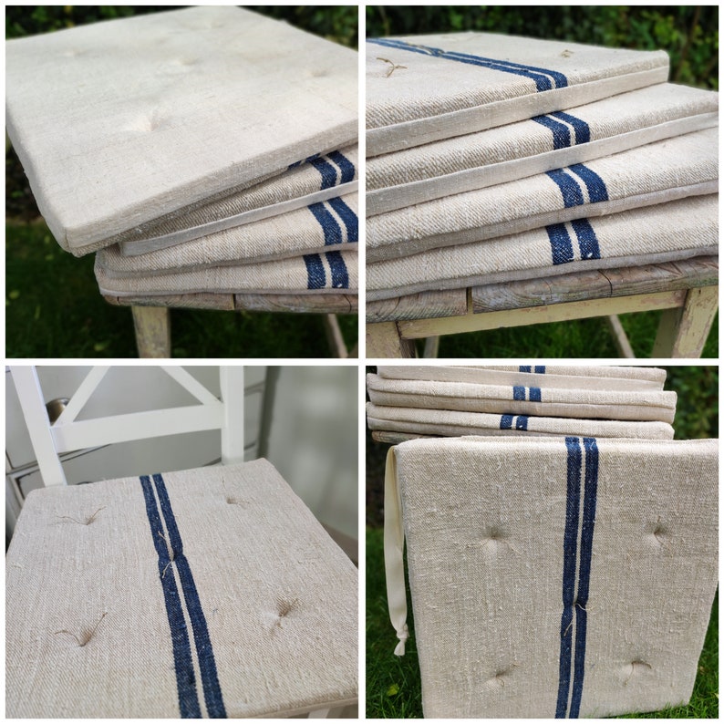 BLUE feedsack foam chair cushion, grain sack chair seat pad, natural foam cushion made to order Blue2 image 2