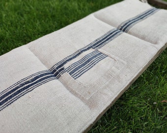 Blue patched grain sack bench pad, feedsack picnic table cushion, washable natural roll up picnic or beach mat
