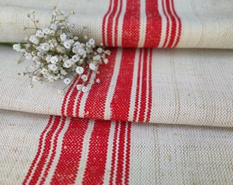 Red Hungarian grain sack, European striped table linen fabric, primitive hemp feedsack, Valentine Christmas farmhouse linen (A026)