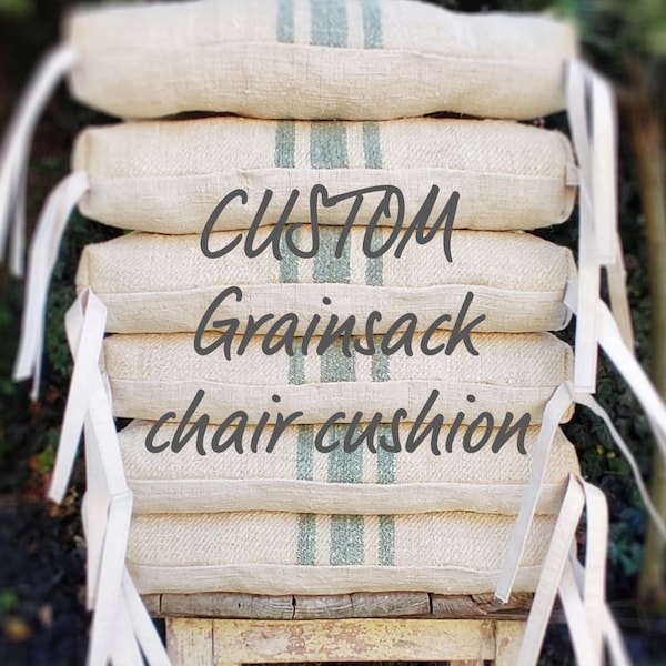 Custom grain sack chair cushion, farmhouse feedsack French tufted chair pillow seat pad