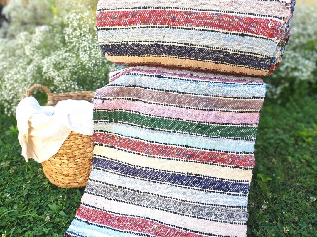 Vintage Handmade Rag Rug Runner, Farmhouse Cottage Kitchen Floor Carpet