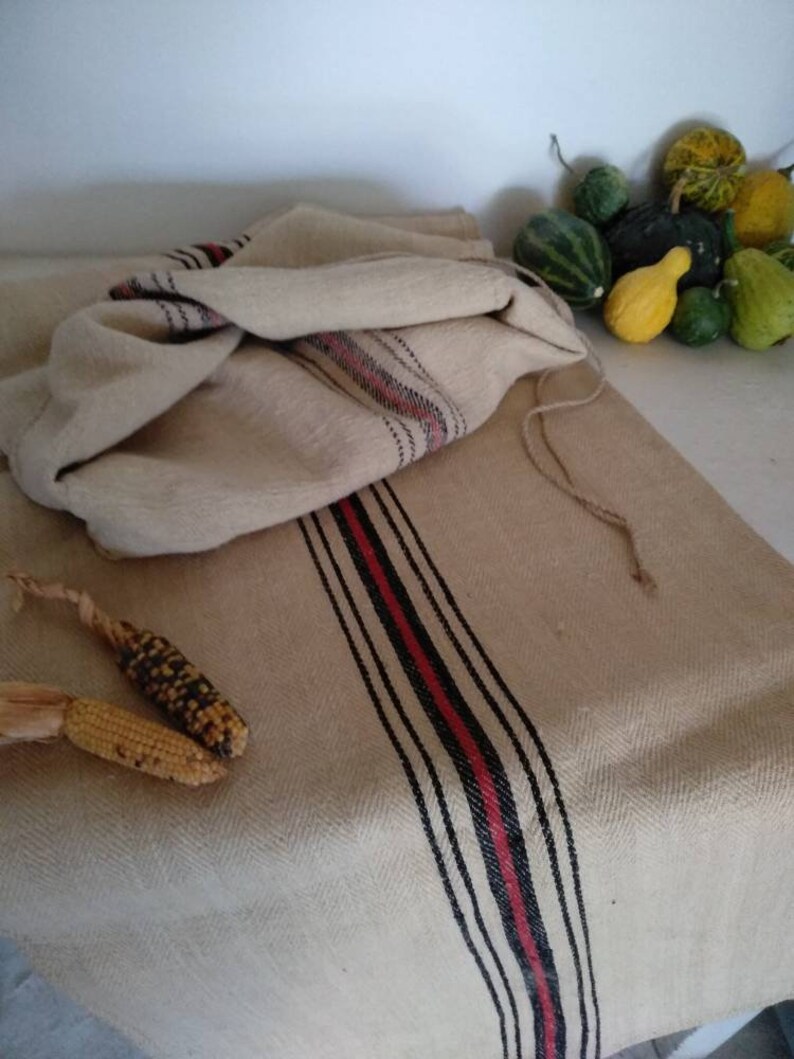 Feedsack Lumbar Pillow Heavy Upholstery Fabric GS104 Blue Indian Red Ticking fabric Grain sack Fabric Sack Striped Farmhouse Linen
