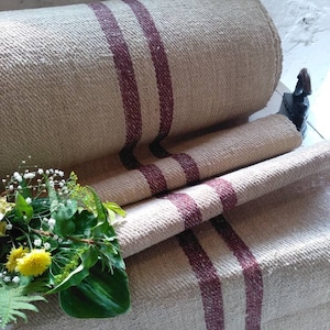 Burgundy Heavy weight Farmhouse Stair runner, Homespun Natural Grain Sack Linen, Primitive Linen decor, (GR001)