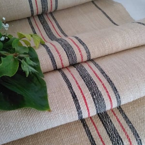 7.5y Black Red Grain sack Fabric for Stair Runner, Upholstery weight linen, Primitive Style Zero waste Linen bolt (GR018)