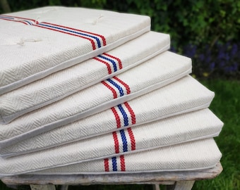 Red blue stripe grain sack chair cushion set of 6,  feedsack French tufted chair dining seat pads