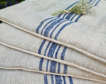 Patched BLUE grain sack chair seat pad set, square feedsack linen wicker chair cushion made to order