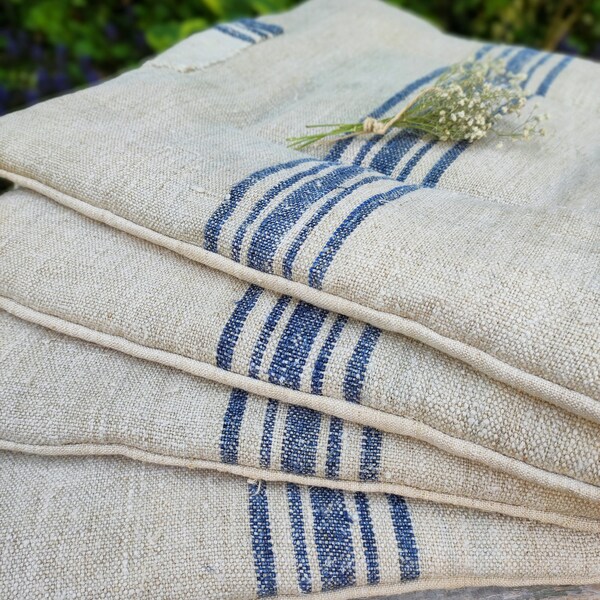 Patched BLUE grain sack chair seat pad set, square feedsack linen wicker chair cushion made to order