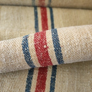 Heavy red blue grain sack stair runner fabric, antique hemp feedsack bolt by the yard, farmhouse staircase floor runner (GR047)