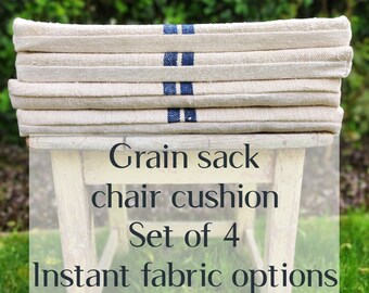 MIX stripe antique grain sack fabric chair cushion set of 4, natural feedsack chair seat pad made to order