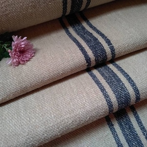 3.2y Blue Stripe Heavy Grain Sack Stair runner Fabric, European Feedsack Bag Linen, Rustic Farmhouse Table decor (GR037a)