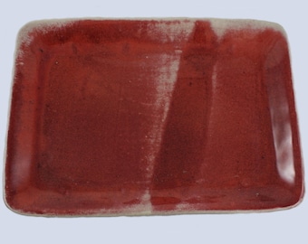 Oxblood Sang De Boeuf Glazed Pottery Tray 12” Rectangular Studio Made Signed