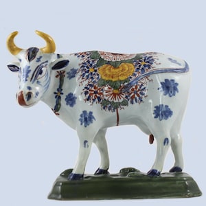 18th C. Dutch Delft Polychrome Majolica Earthenware Standing Cow 7.75” Netherlands