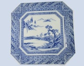 Antique Japanese Porcelain Igezara Inban Transfer Ware Blue White Square Charger