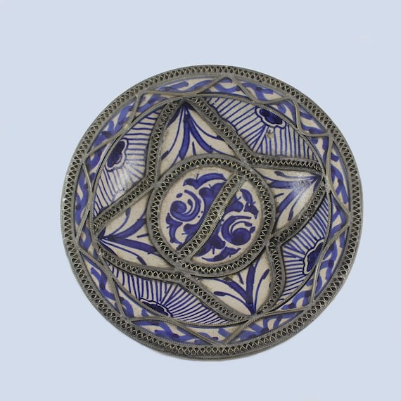 Moroccan Glazed Earthenware Pottery Bowl 8.25” Filigree Nickel Silver Metalwork Fez c. 1960