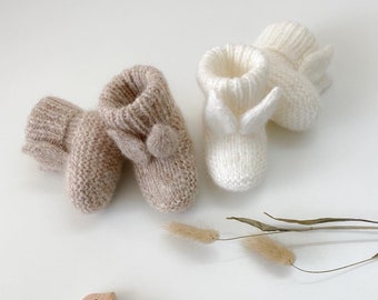 Hand knitted baby bunny booties, Baby bunny socks, Baby shoes, Baby alpaca knits, Baby slippers